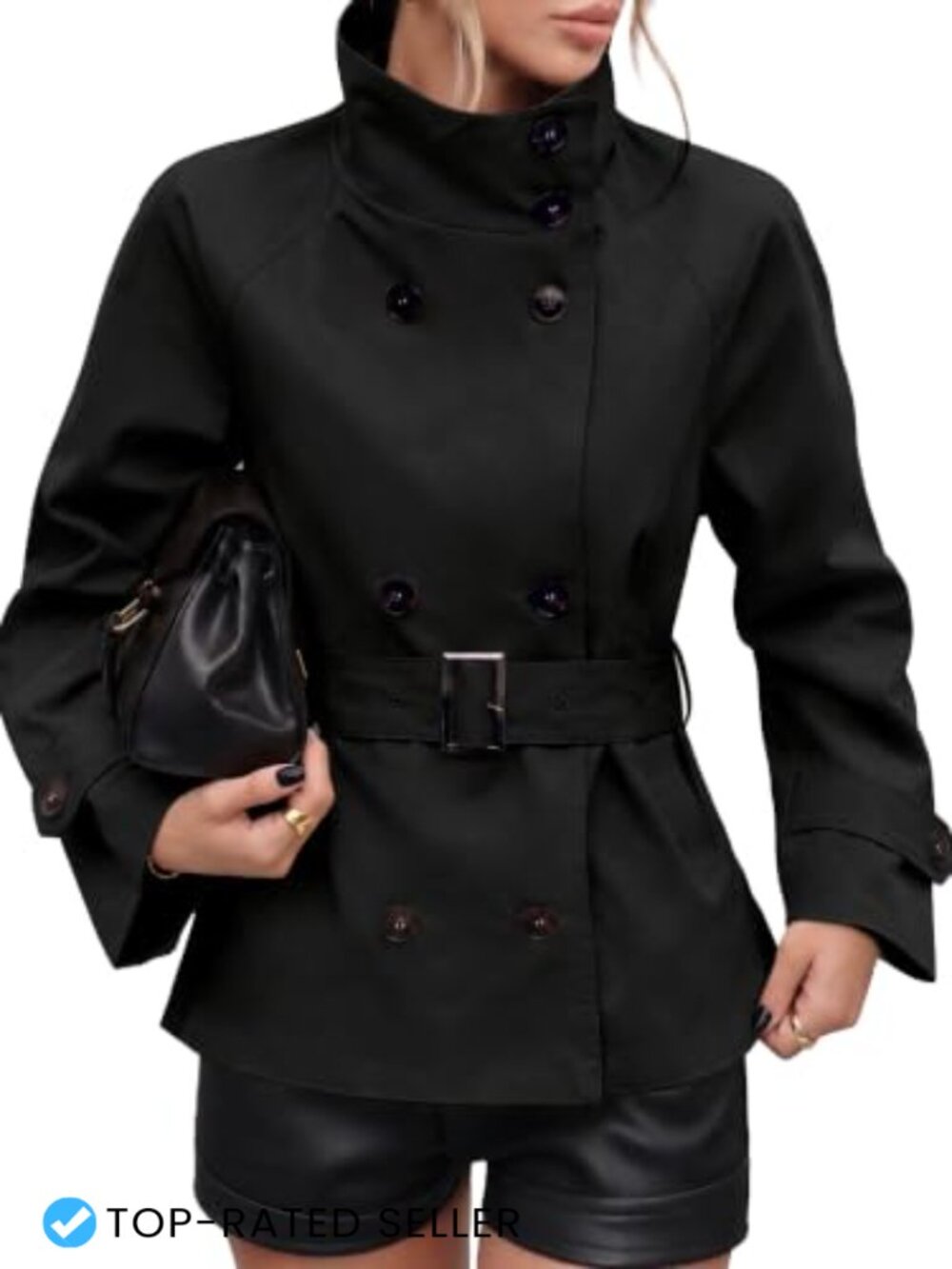 Womens Cropped Trench Coat Funnel Neck Belted Jacket Lightweight Fall